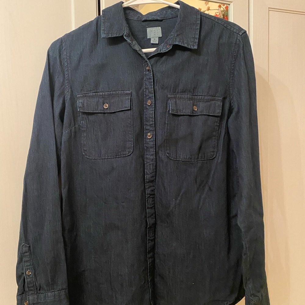 Dark blue denim button up.